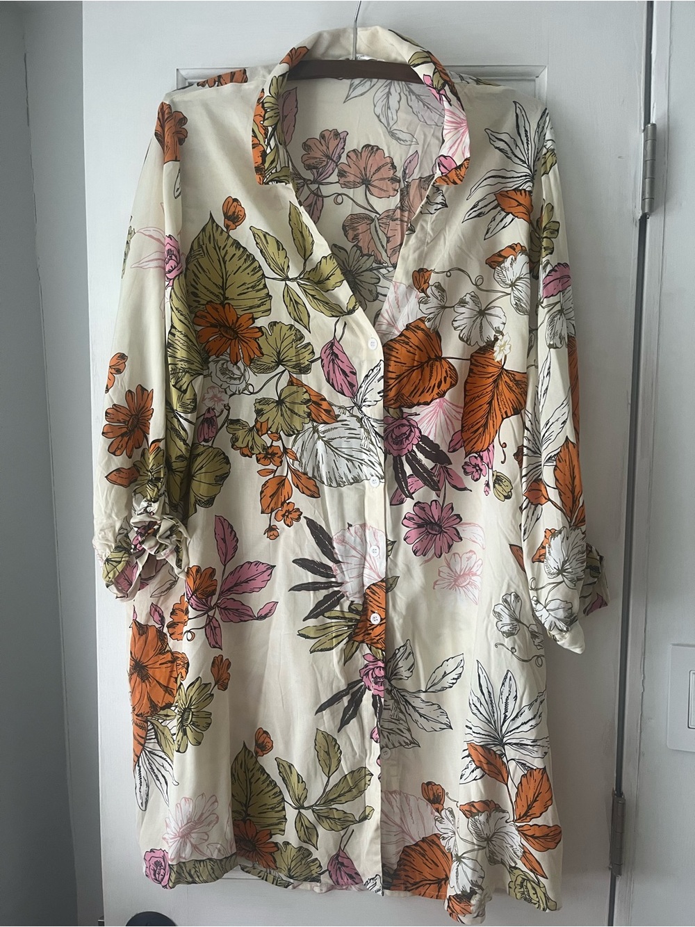 Cream Floral Button-Front Tunic Dress with flower Print Cupshe sz L beach cover